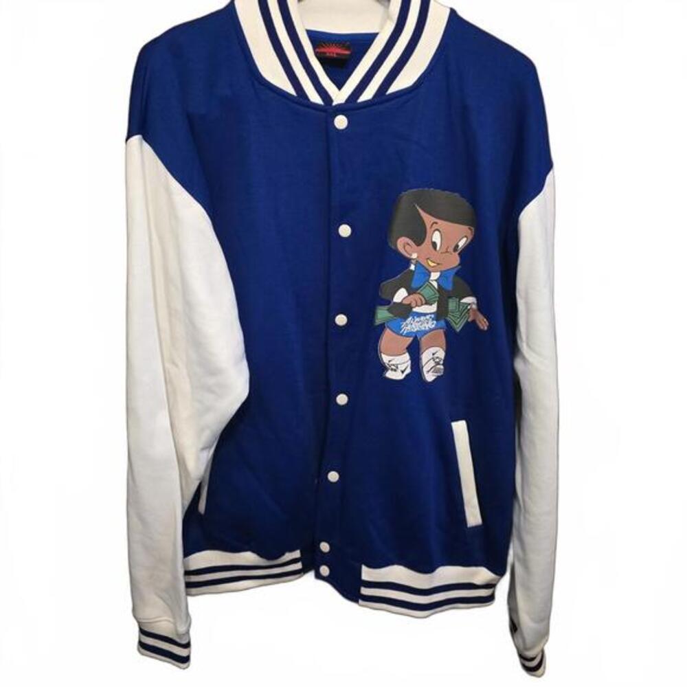 Blue and White Varsity Jacket with Cartoon Graphic, Size 3XL